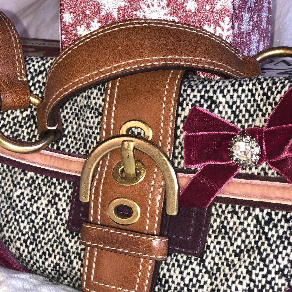 Tweed and Suede Coach Bag with Crystal Bow